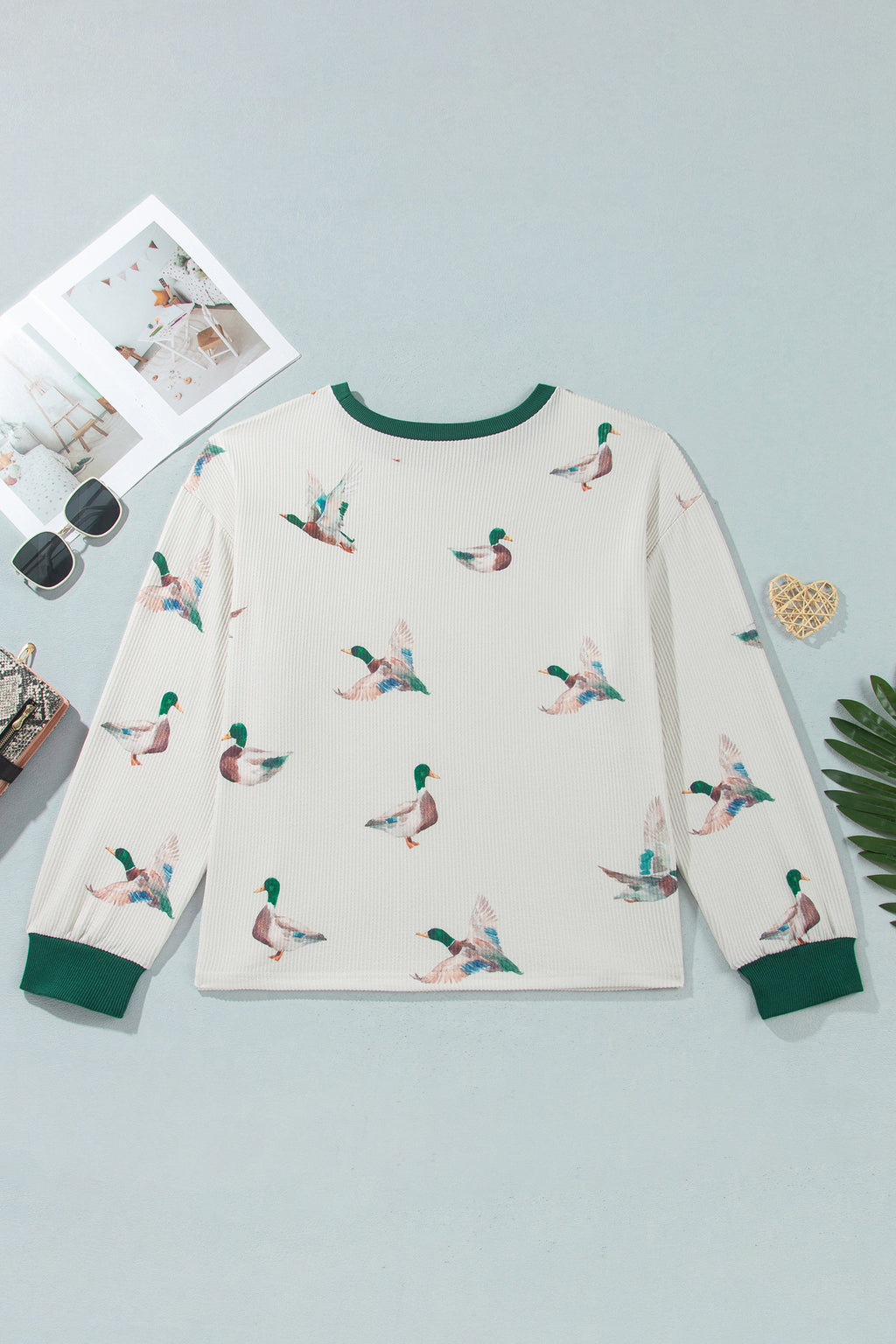 Beige Mallard Duck Print Plus Size Twisted Ribbed Top