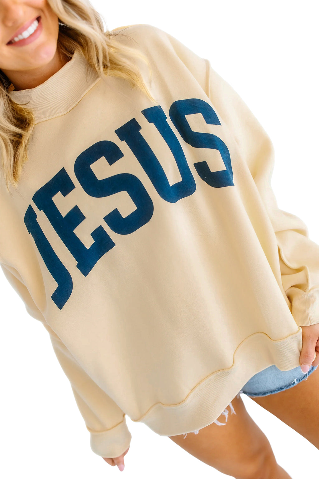 Yellow Jesus Slogan Stand Neck Long Sleeve Oversized Tunic Plus Size Sweatshirt