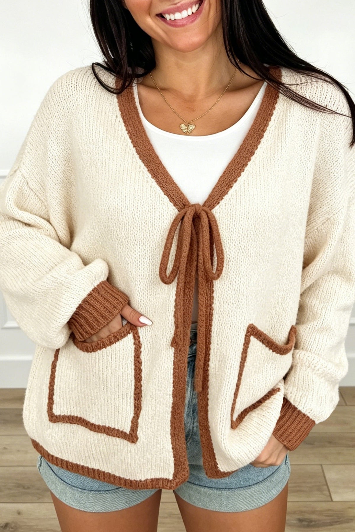 Chestnut Contrast Trim V-Neck Tie Front Loose Sweater Cardigan
