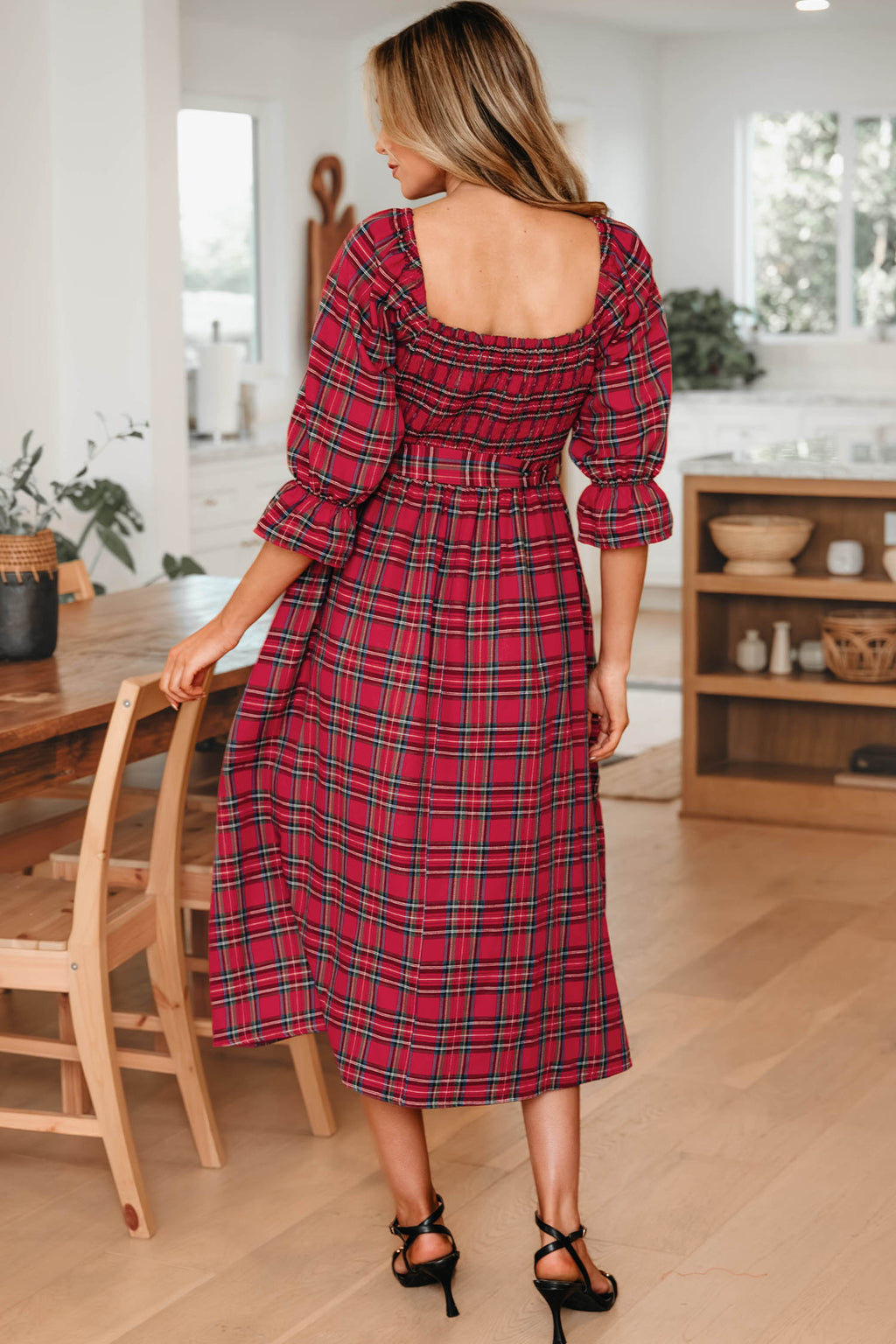 Green Tartan Plaid Square Neck Puff Sleeve Knot Waist Flared Midi Dress