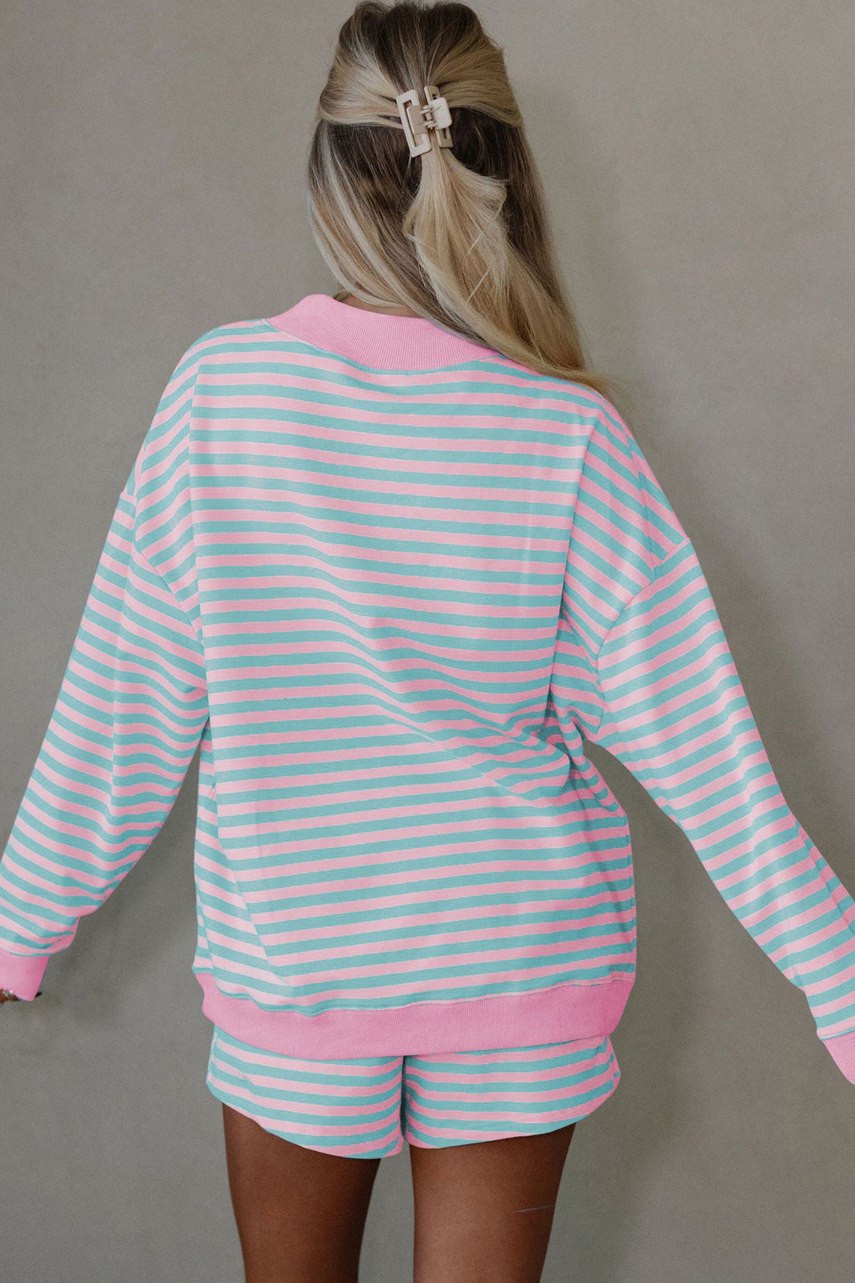 Yellow Stripe Color Block Detail Long Sleeve Pullover Elastic Waist Pull On Shorts 2pcs Set