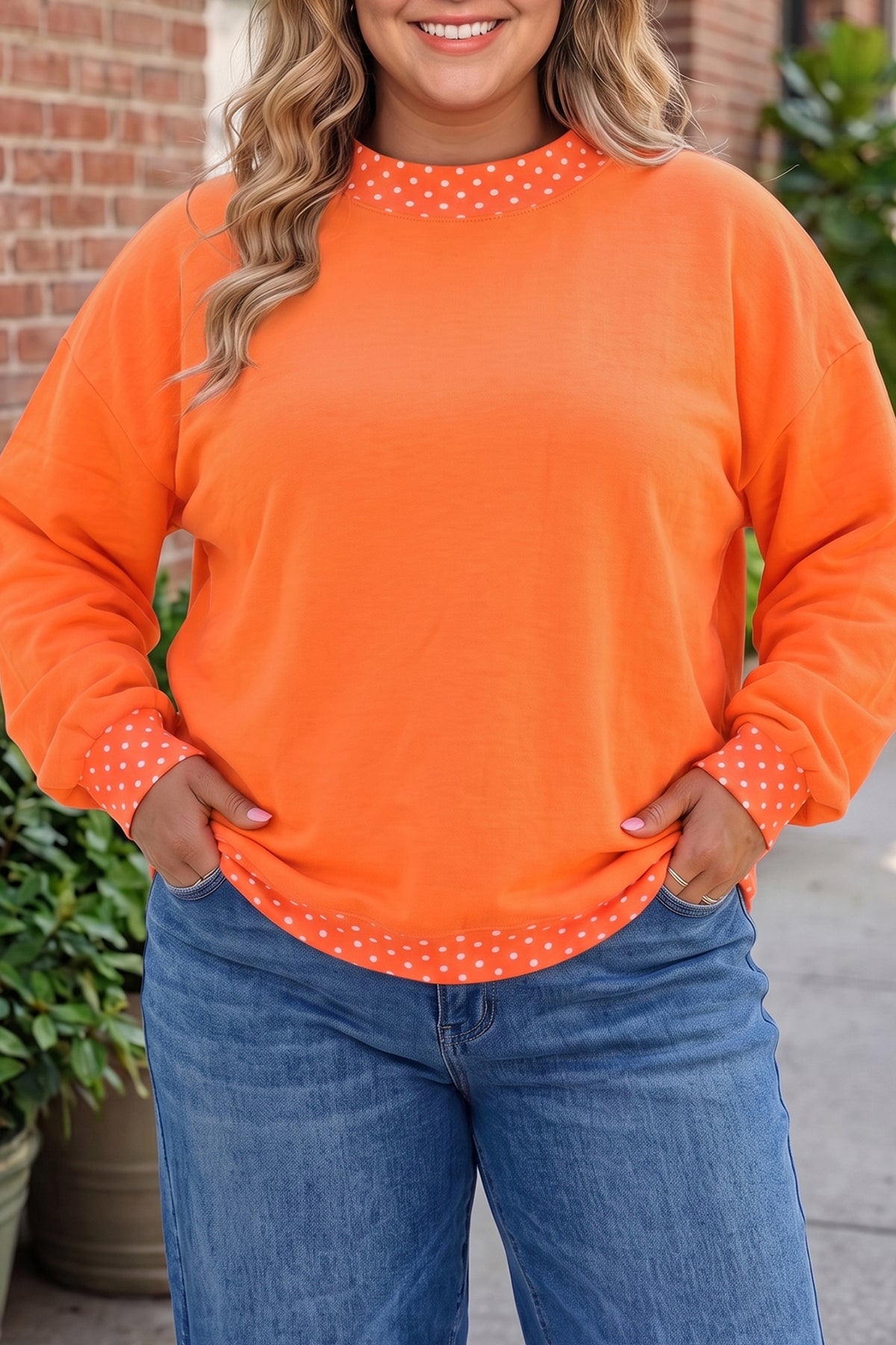 Brown Polka Dot Patchwork Round Neck Plus Size Sweatshirt