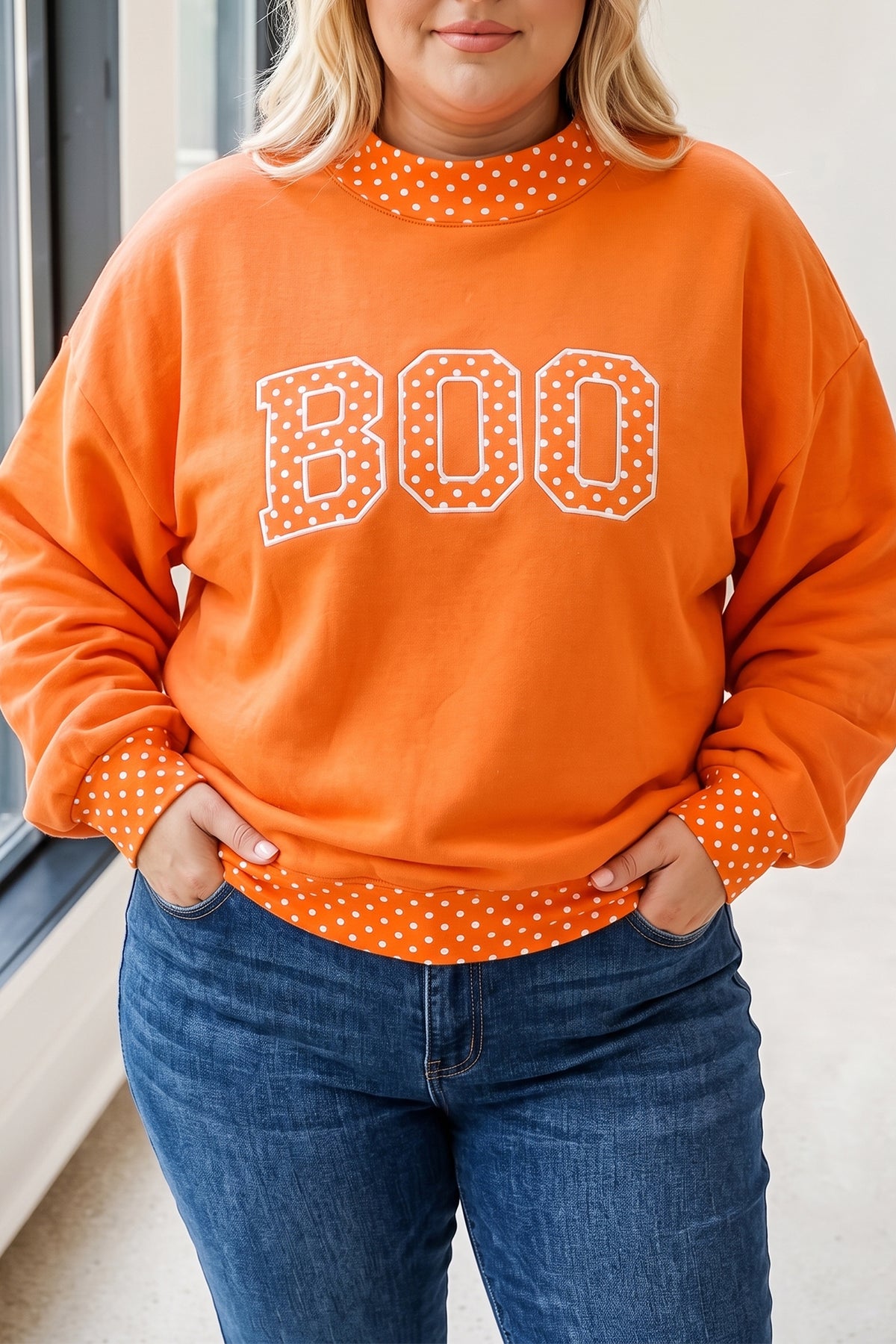 Dirty blue Casual Polka Dot Patchwork Letter Graphic Plus Size Sweatshirt