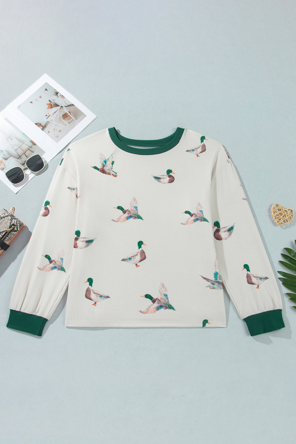 Beige Mallard Duck Print Plus Size Twisted Ribbed Top