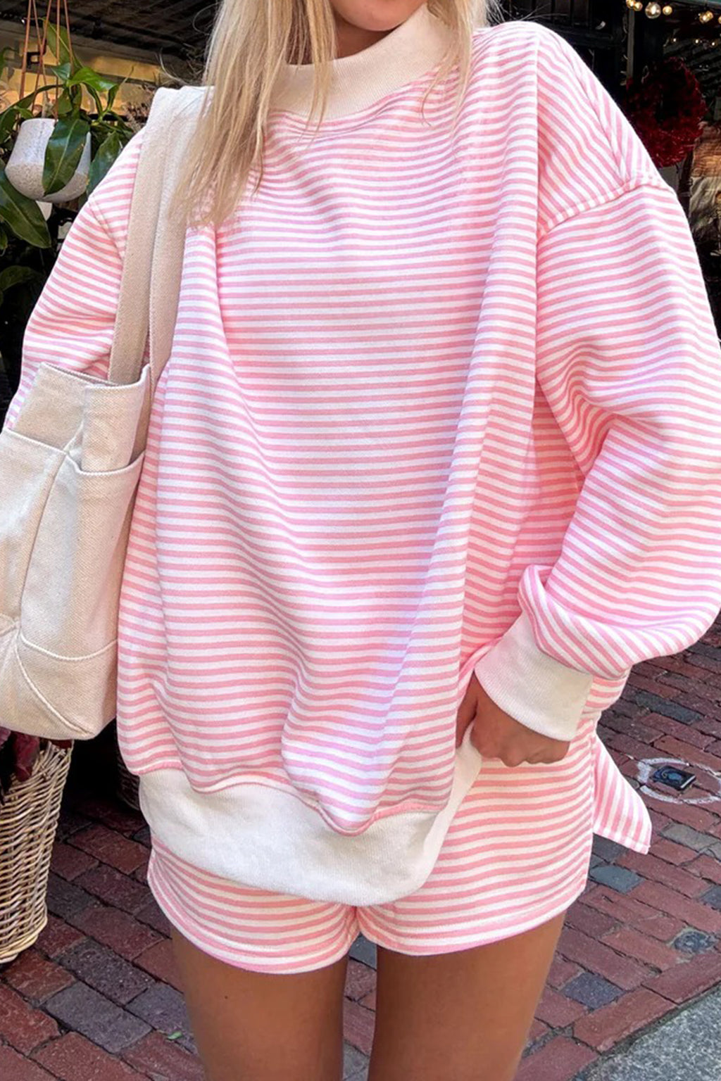 Pink Stripe Oversize Mock Neck Sweatshirt and Shorts Set