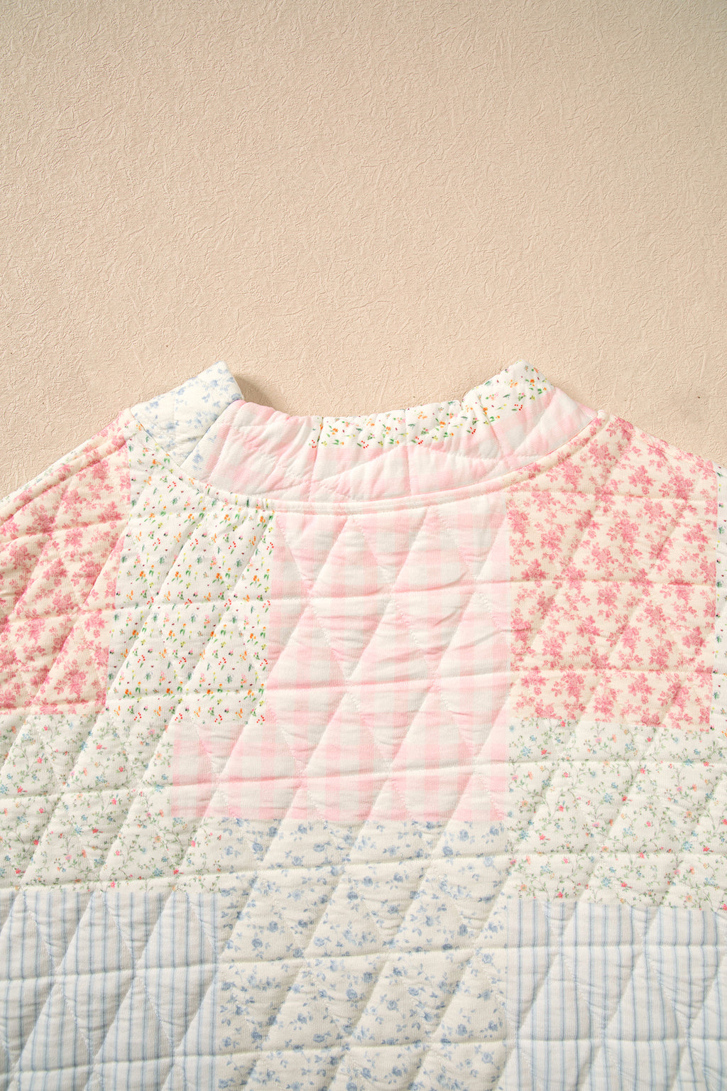 Multicolour Floral Patchwork Quilted Mock Neck Long Sleeve Top