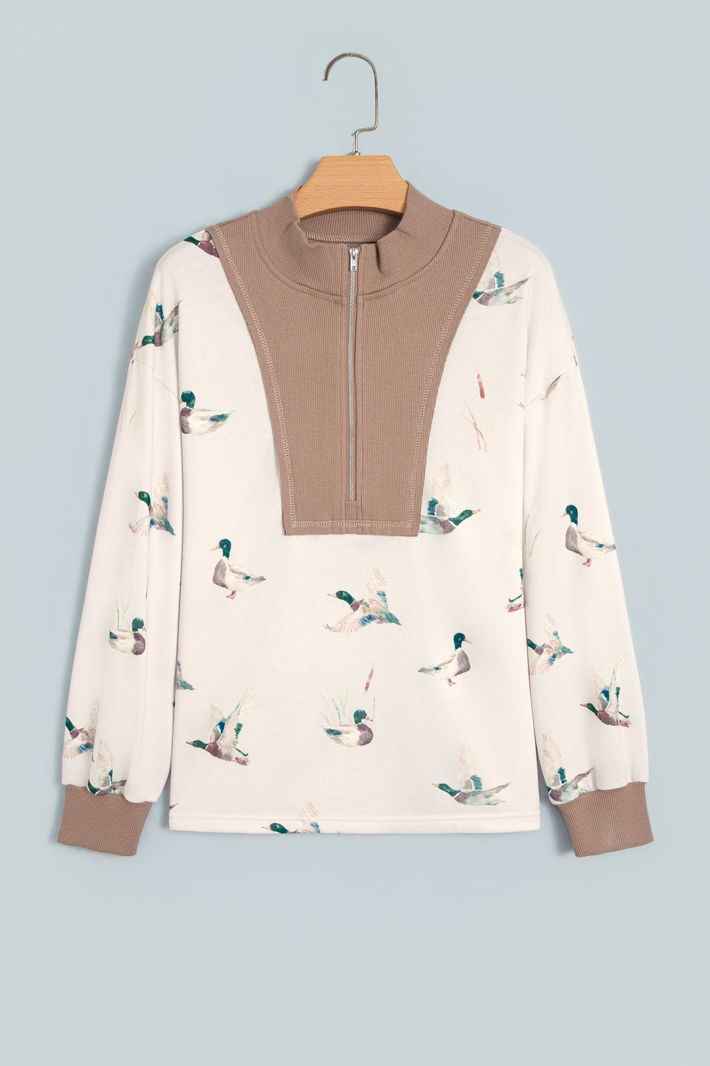 Beige Wild Mallard Print Color Block Patchwork Zip Neck Tunic Top