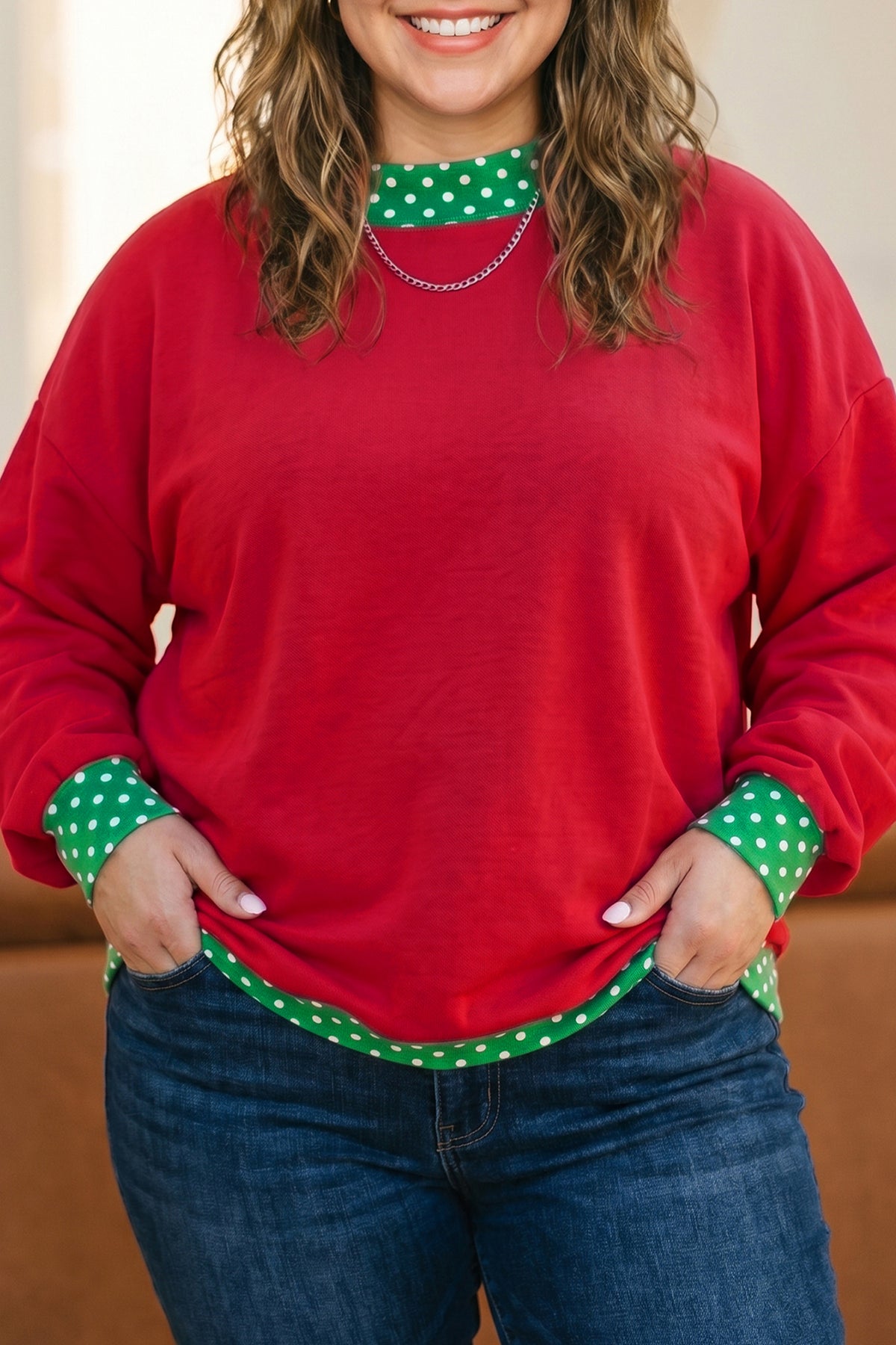 Brown Polka Dot Patchwork Round Neck Plus Size Sweatshirt