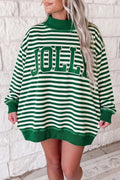 Green Stripe Christmas Slogan Embroidery Patched Mock Neck Oversized Sweatshirt