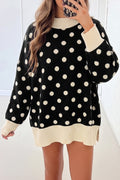 Black Polka Dot Pattern Ribbed Colorblock Trim Split Tunic Sweater