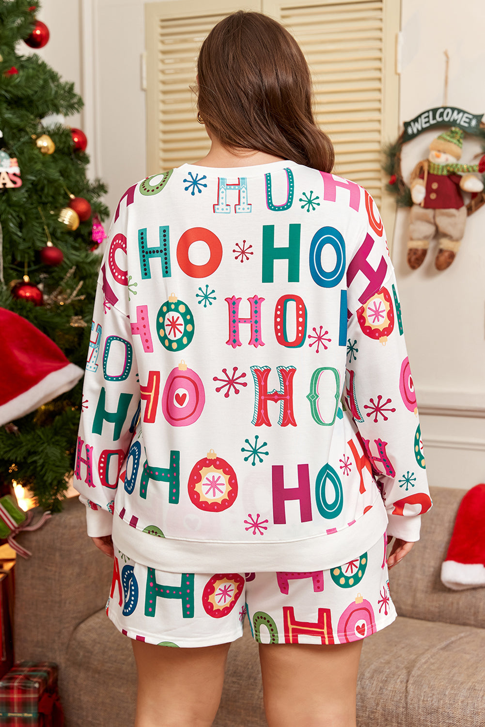 White Plus Size Christmas Ho Ho Ho Print Long Sleeve Top and Shorts 2pc Lounge Set