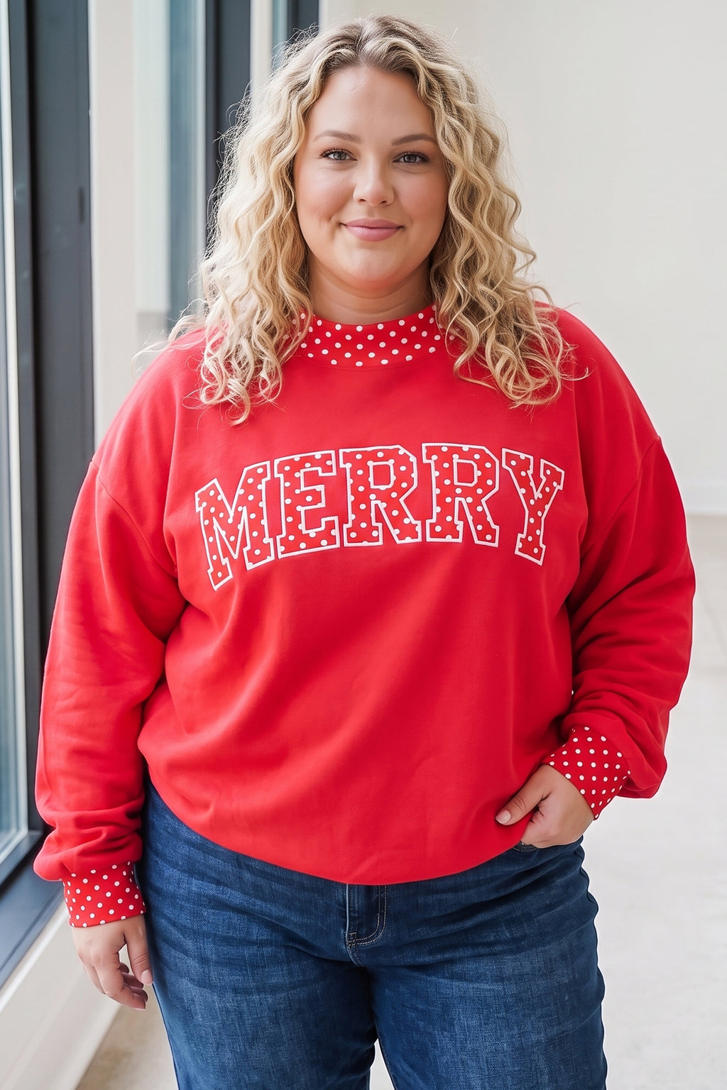 Dirty blue Casual Polka Dot Patchwork Letter Graphic Plus Size Sweatshirt