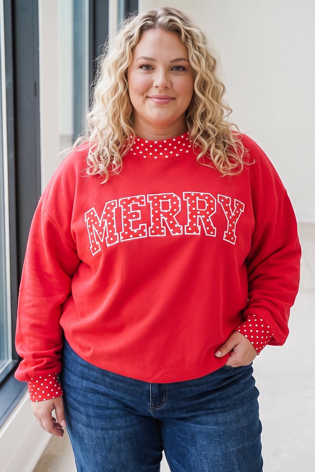 Dirty blue Casual Polka Dot Patchwork Letter Graphic Plus Size Sweatshirt
