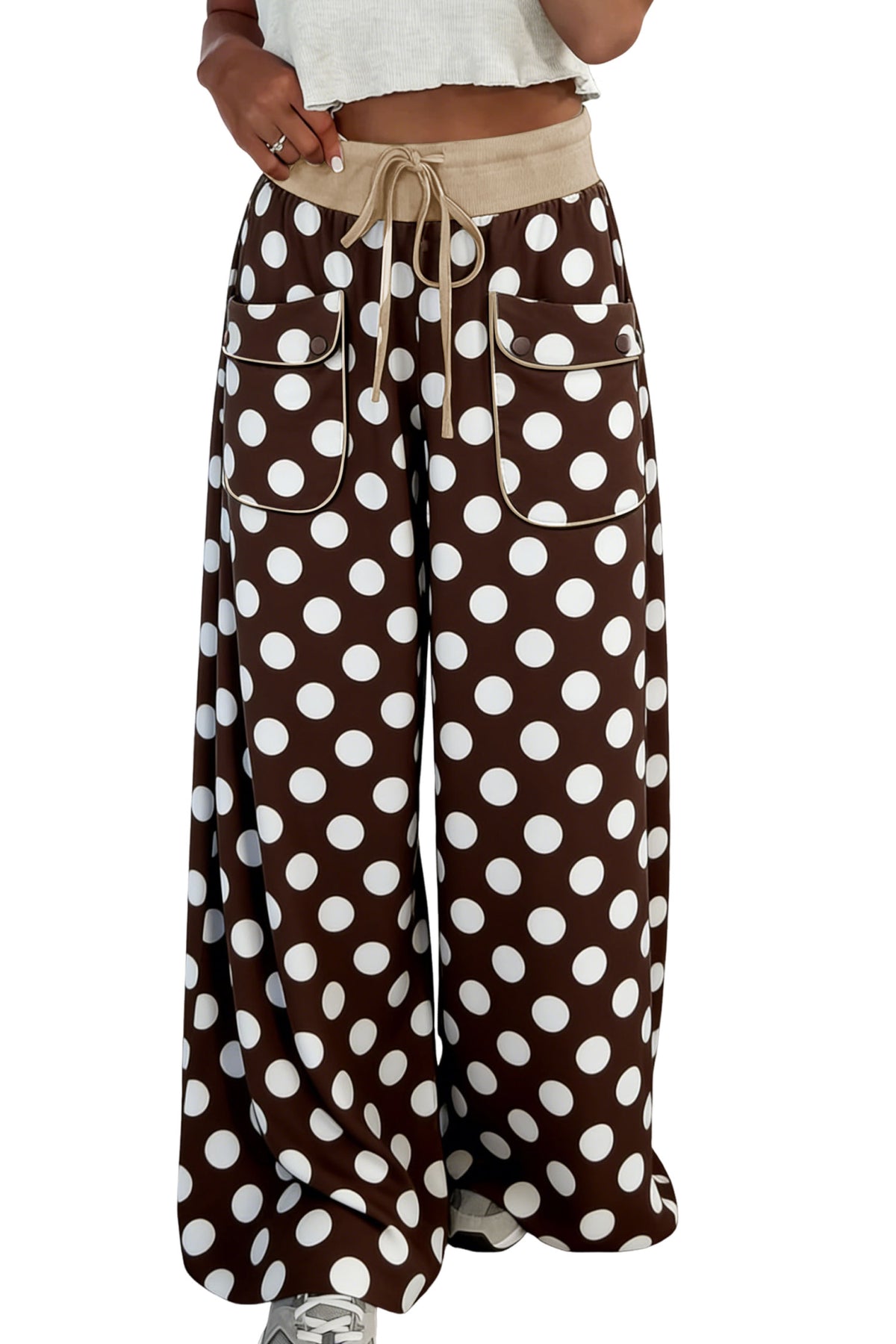 Khaki Polka Dot Drawstring Pocket Wide Leg Pants
