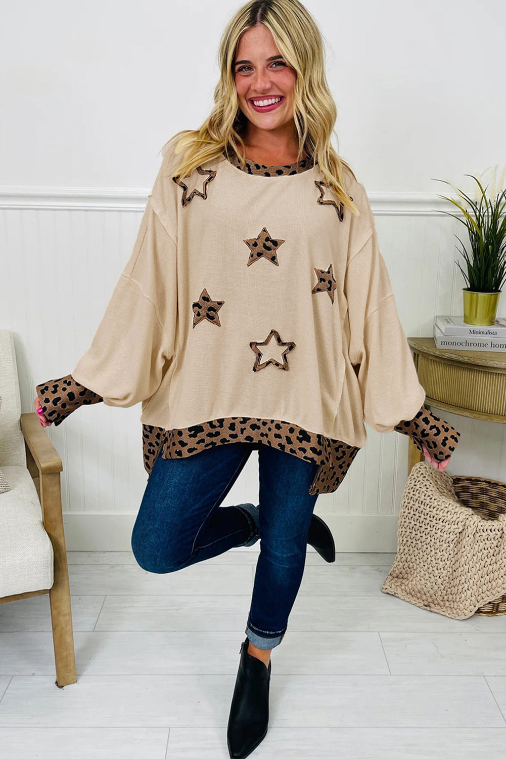 Beige Contrast Leopard Star Patchwork Detail Raw Seam Baggy Sweatshirt