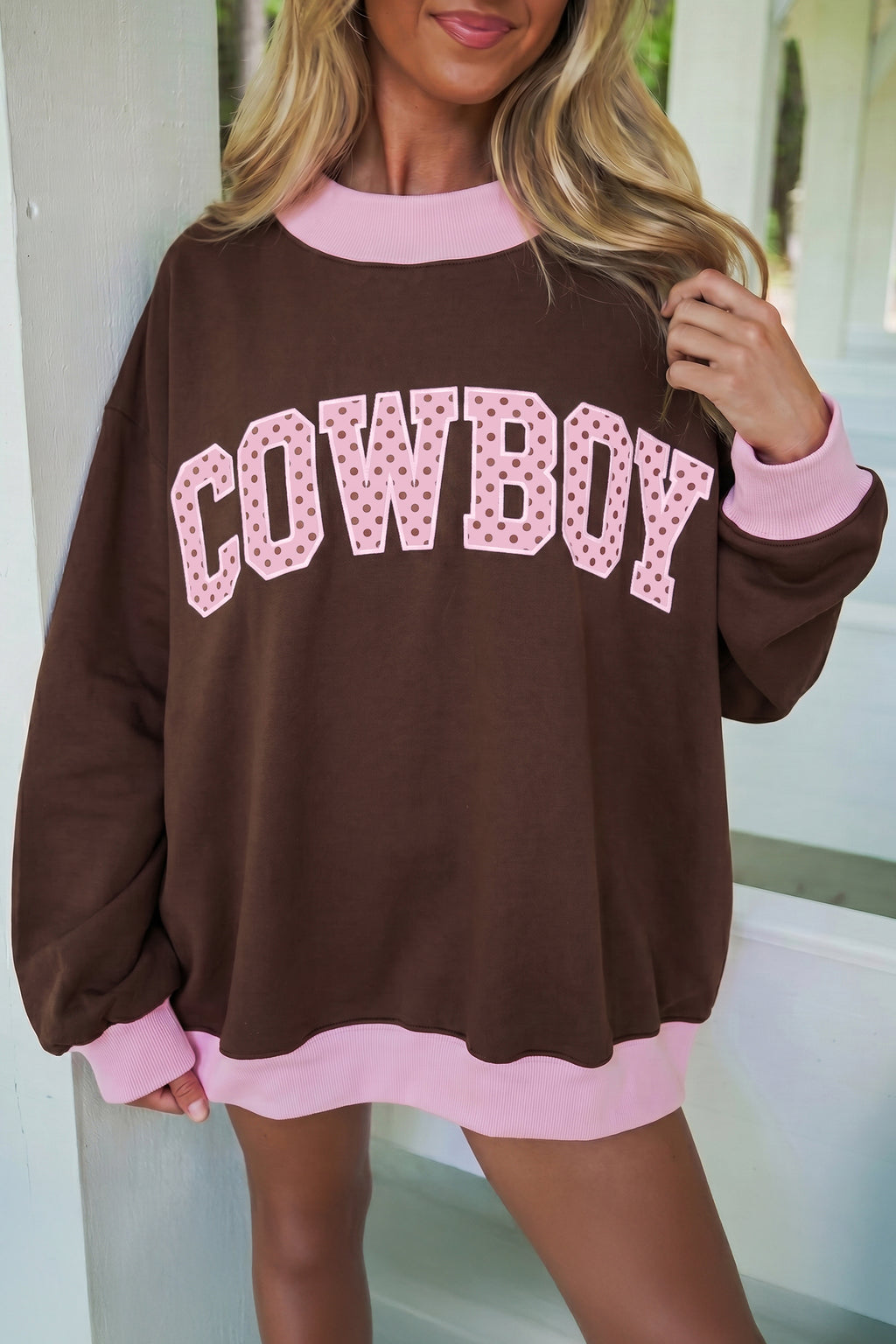 Pink Contrast Polka Dot Letter Graphic Colorblock Tunic Sweatshirt