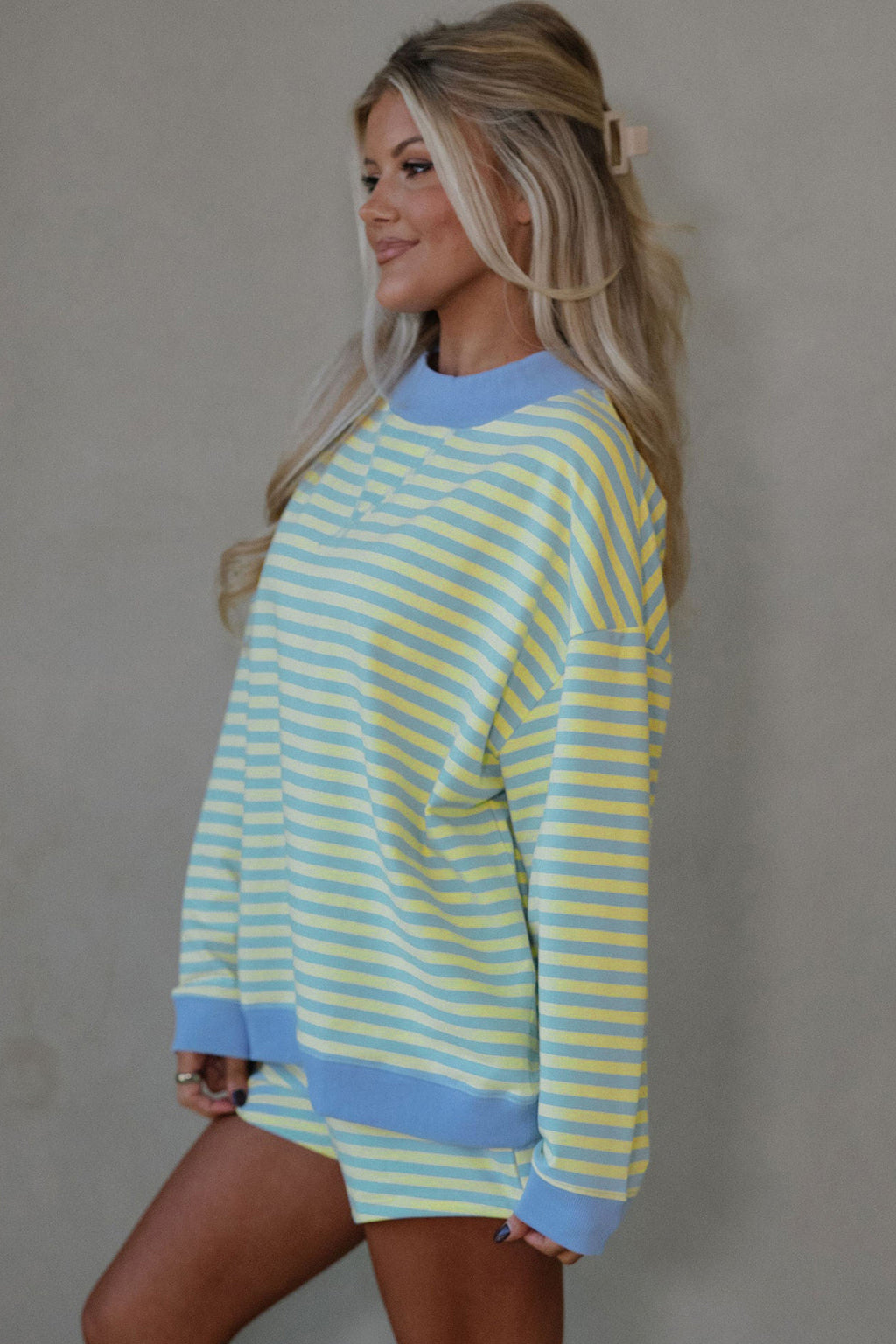 Yellow Stripe Color Block Detail Long Sleeve Pullover Elastic Waist Pull On Shorts 2pcs Set