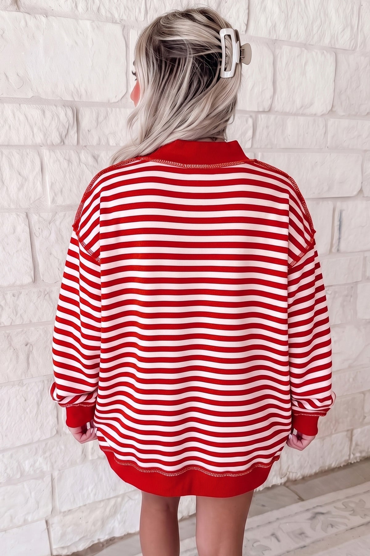 Green Stripe Christmas Slogan Embroidery Patched Mock Neck Oversized Sweatshirt