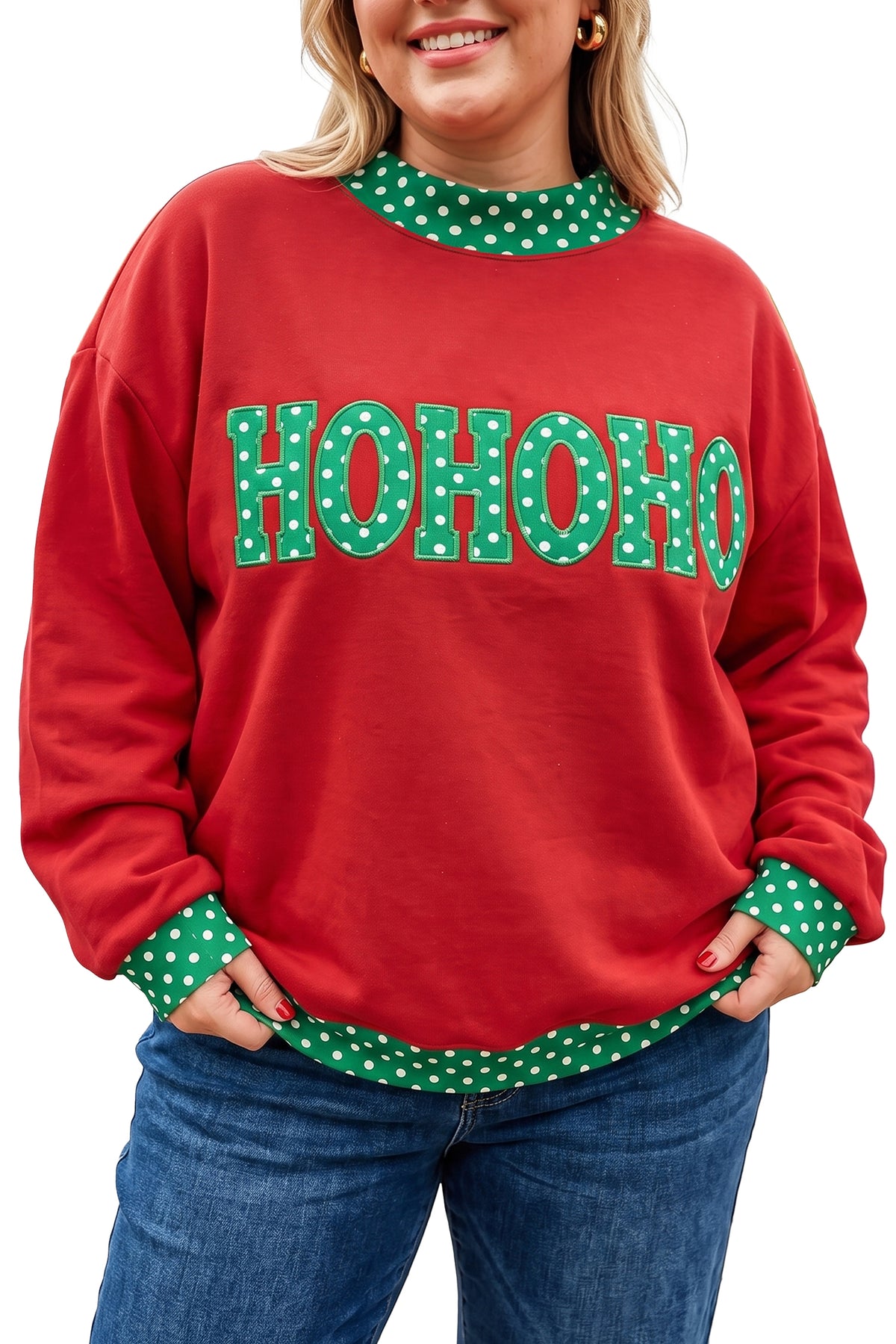 Dirty blue Casual Polka Dot Patchwork Letter Graphic Plus Size Sweatshirt