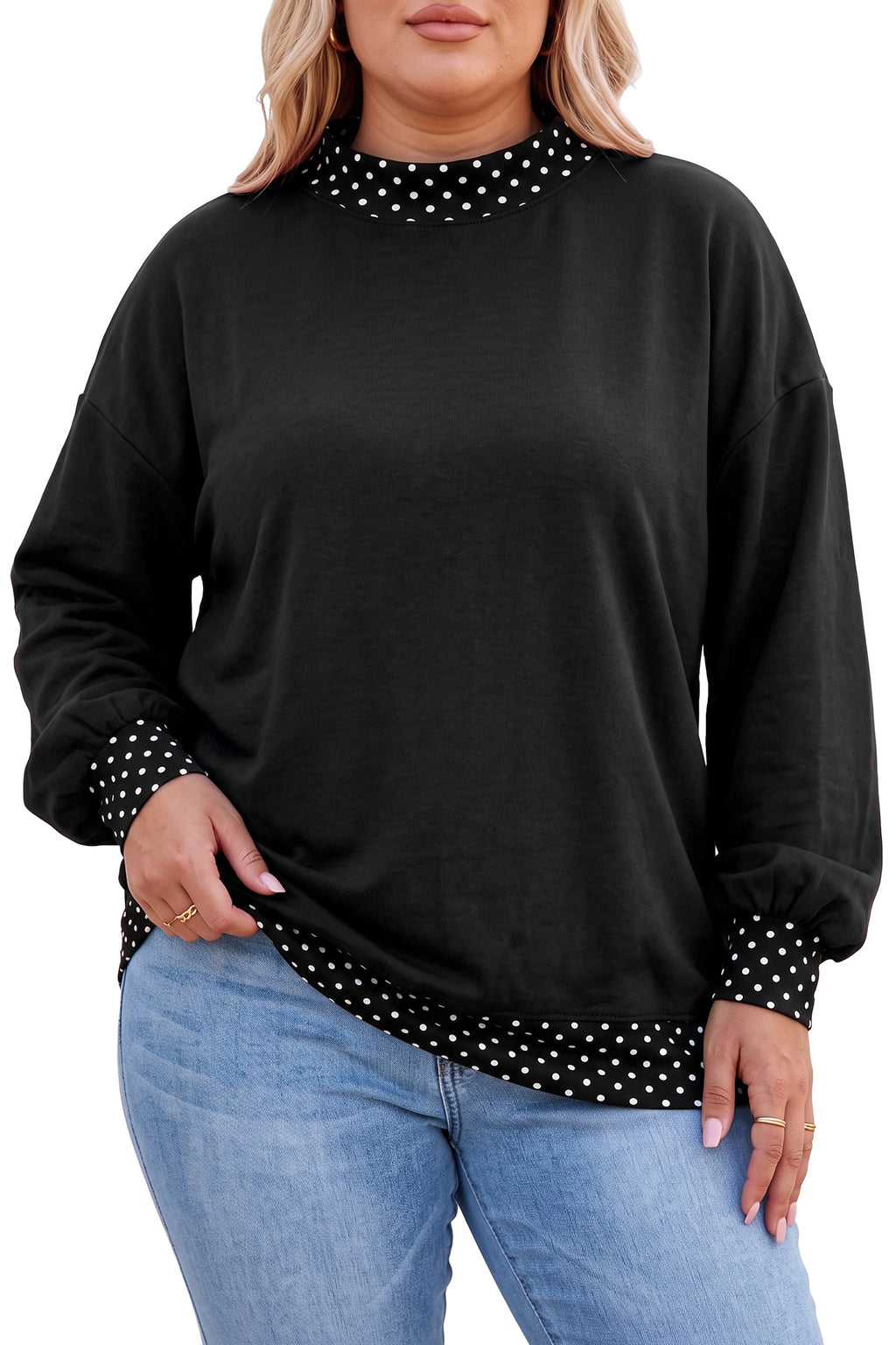 Brown Polka Dot Patchwork Round Neck Plus Size Sweatshirt