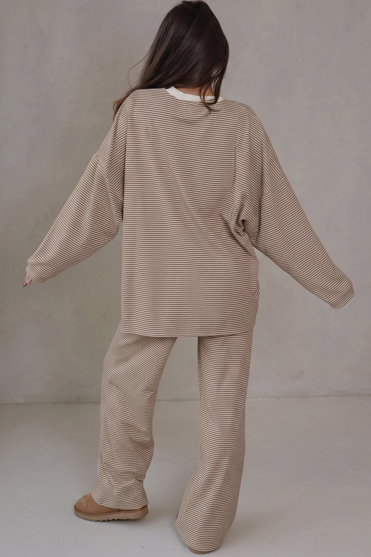 Brown Stripe Contrast Trim Round Neck Oversize Long Sleeve Top 2pcs Pant Set