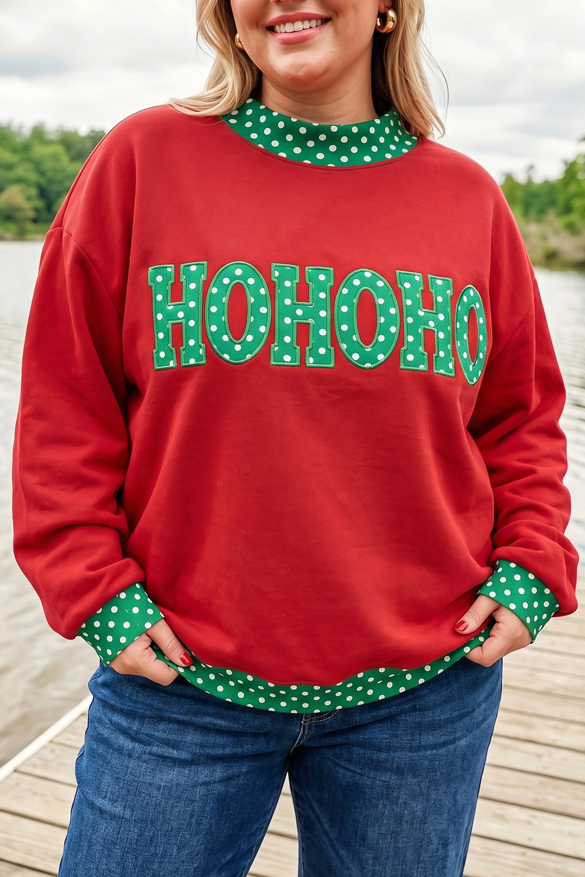 Dirty blue Casual Polka Dot Patchwork Letter Graphic Plus Size Sweatshirt