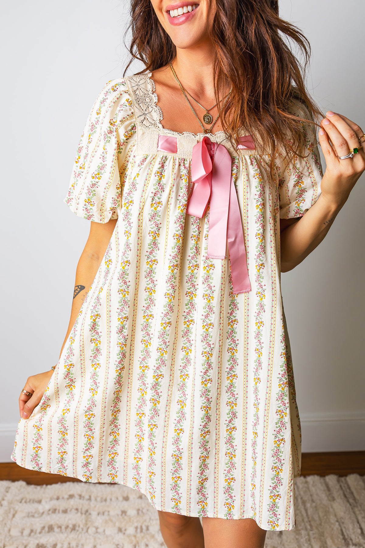 Multicolour Floral Print Contrast Ribbon Bow Lace Trim Square Neck Mini Dress