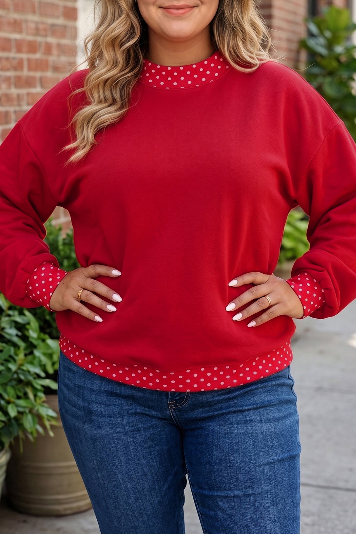 Brown Polka Dot Patchwork Round Neck Plus Size Sweatshirt