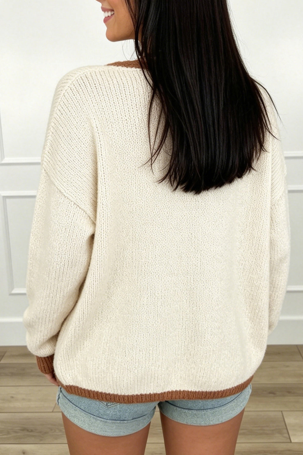 Chestnut Contrast Trim V-Neck Tie Front Loose Sweater Cardigan