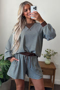 Brown Stripe Oversized Long Sleeve Top Drawstring Loose Shorts 2pcs Set