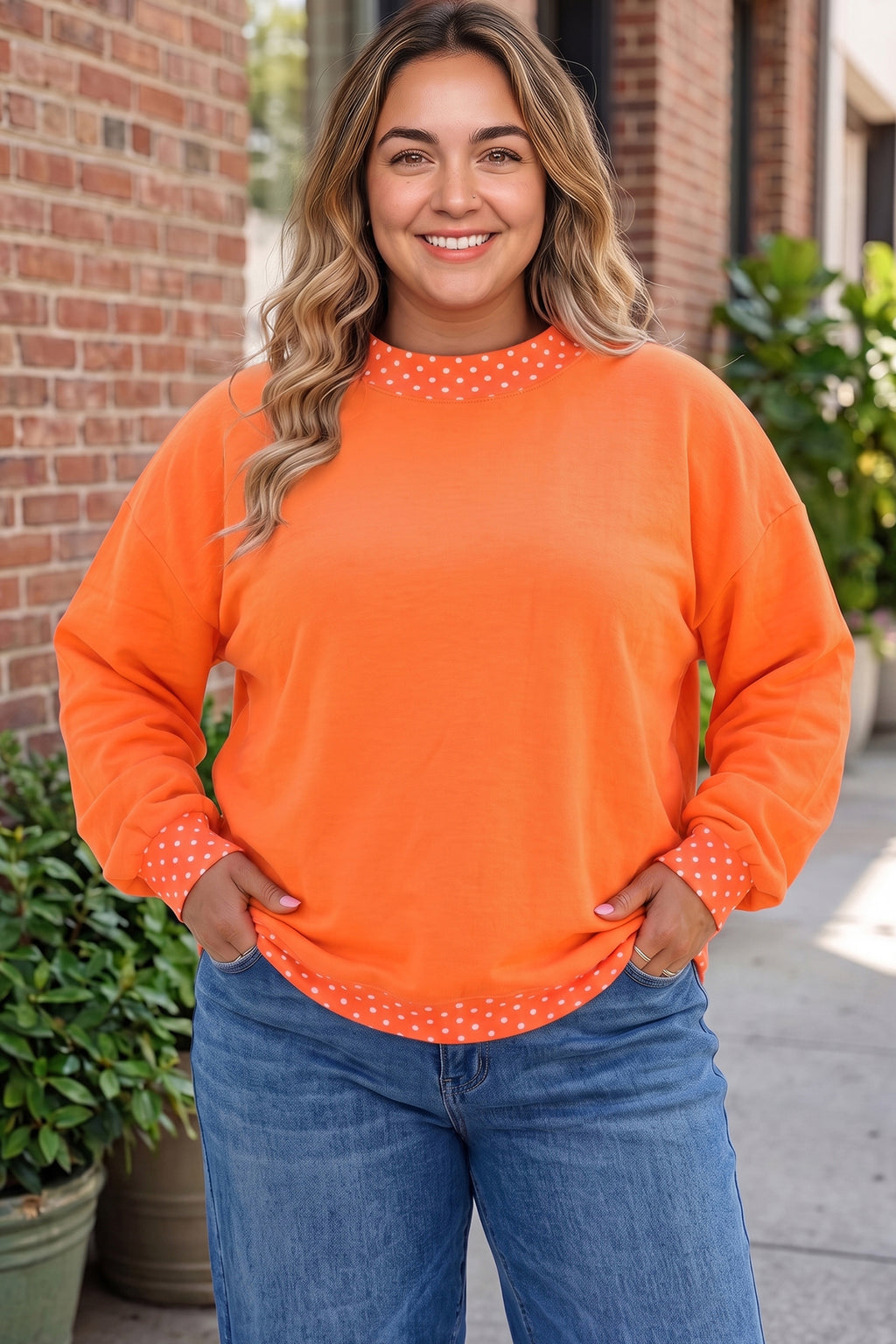 Brown Polka Dot Patchwork Round Neck Plus Size Sweatshirt