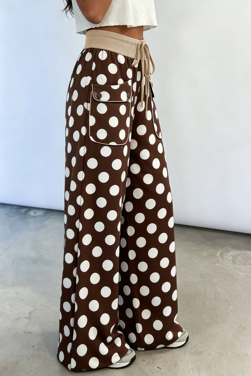 Khaki Polka Dot Drawstring Pocket Wide Leg Pants