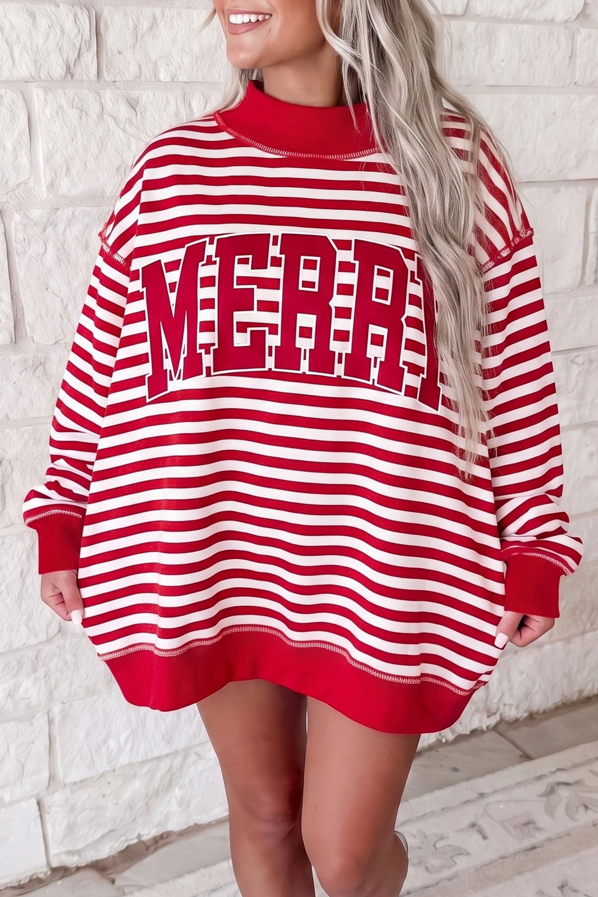 Green Stripe Christmas Slogan Embroidery Patched Mock Neck Oversized Sweatshirt