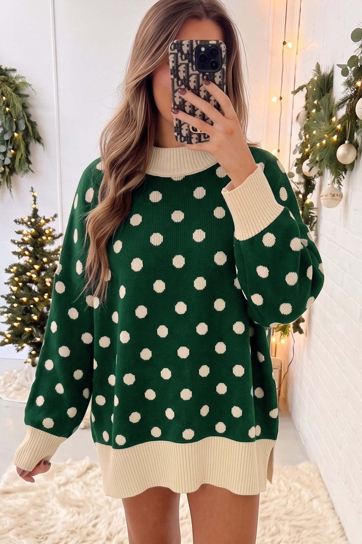 Black Polka Dot Pattern Ribbed Colorblock Trim Split Tunic Sweater