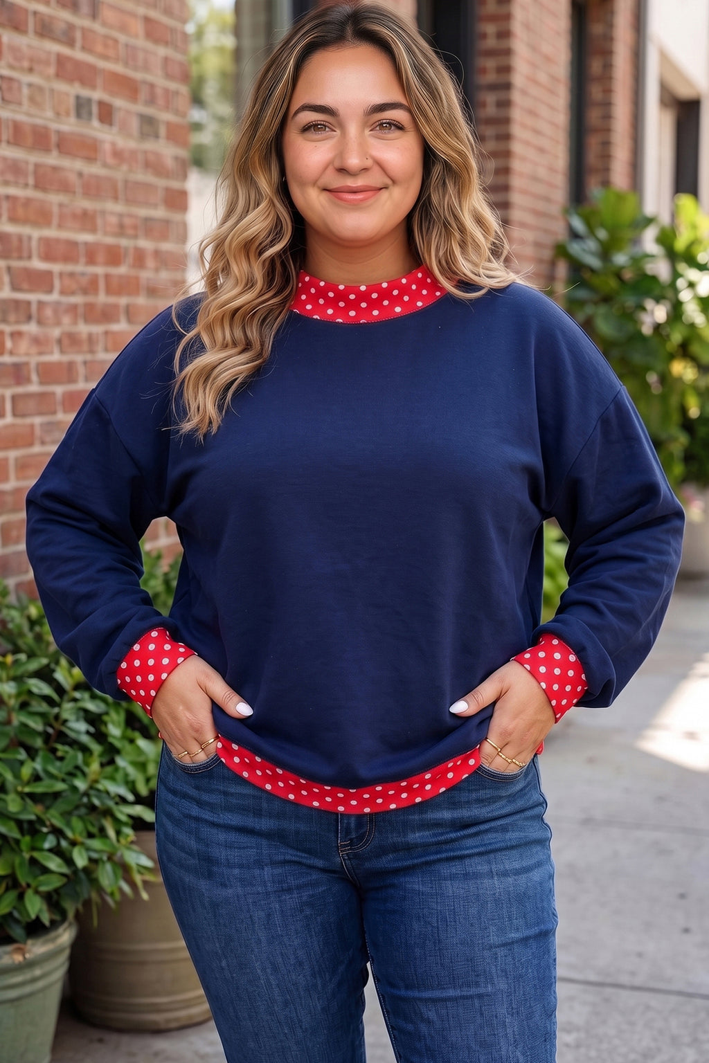 Brown Polka Dot Patchwork Round Neck Plus Size Sweatshirt