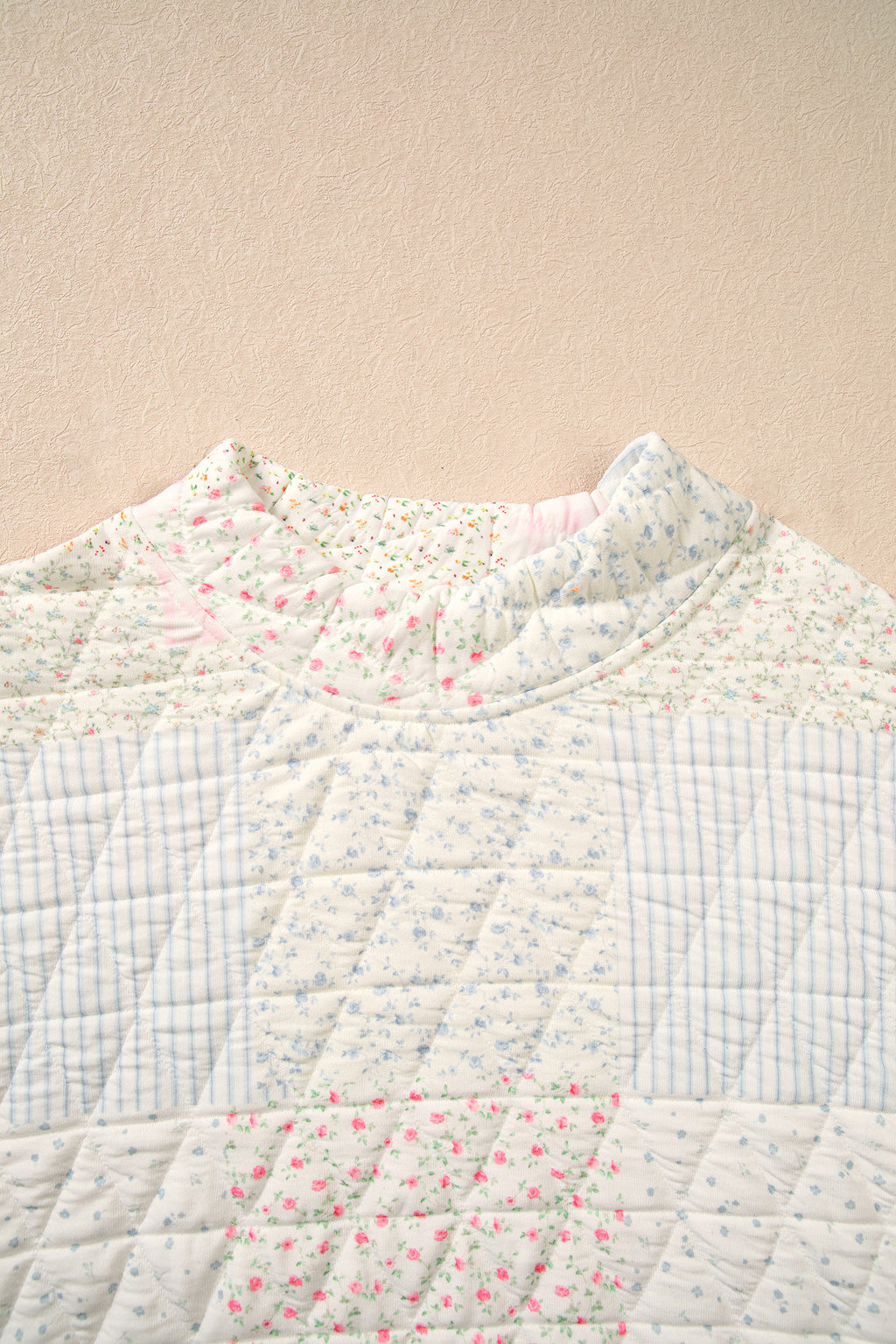 Multicolour Floral Patchwork Quilted Mock Neck Long Sleeve Top