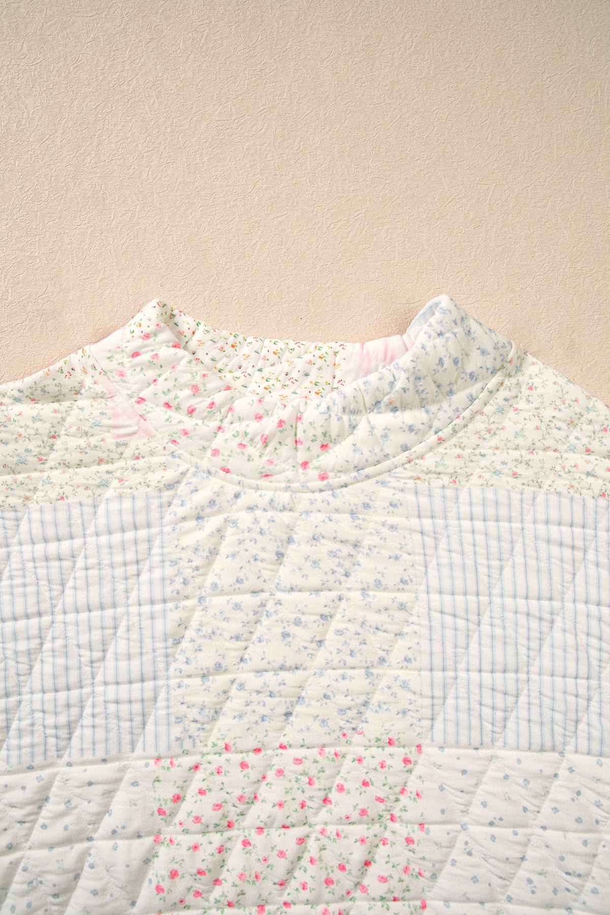 Multicolour Floral Patchwork Quilted Mock Neck Long Sleeve Top