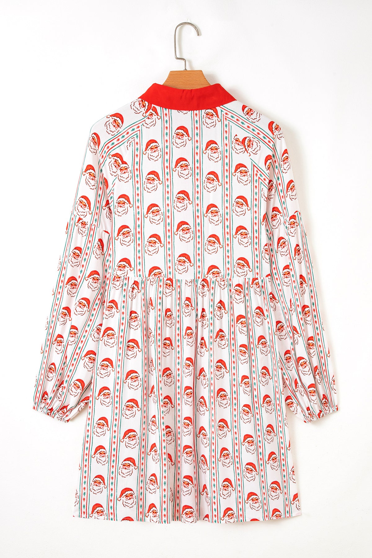 White Father Christmas Contrast Collar Button Front Long Sleeve A-line Mini Dress