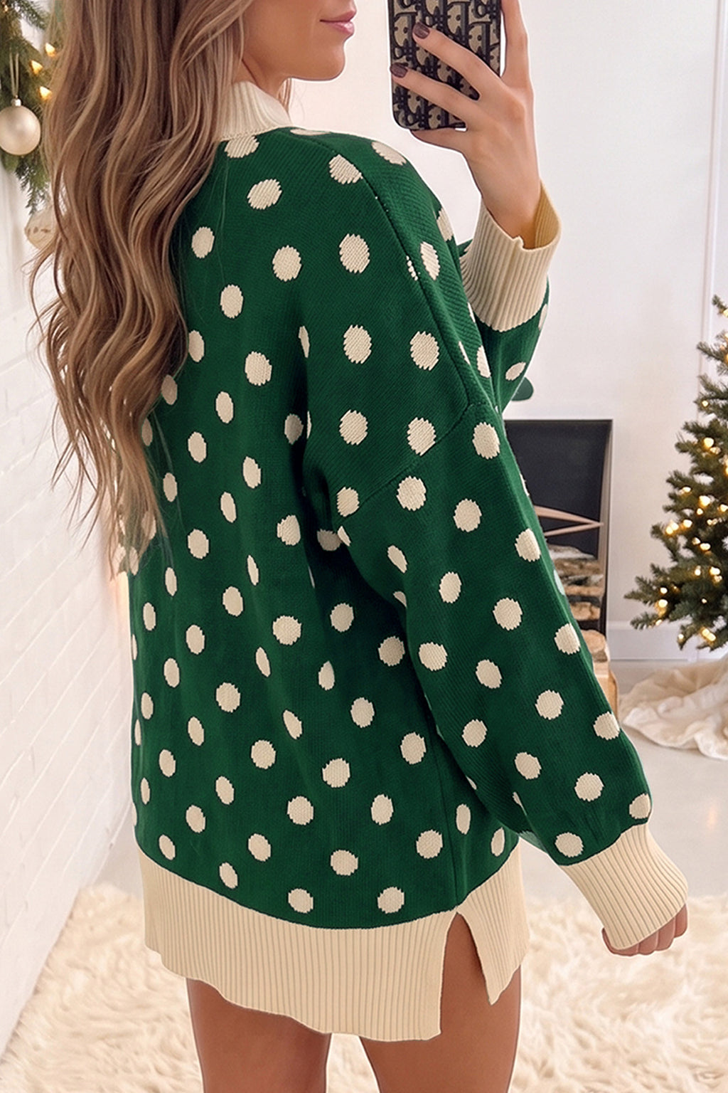 Black Polka Dot Pattern Ribbed Colorblock Trim Split Tunic Sweater