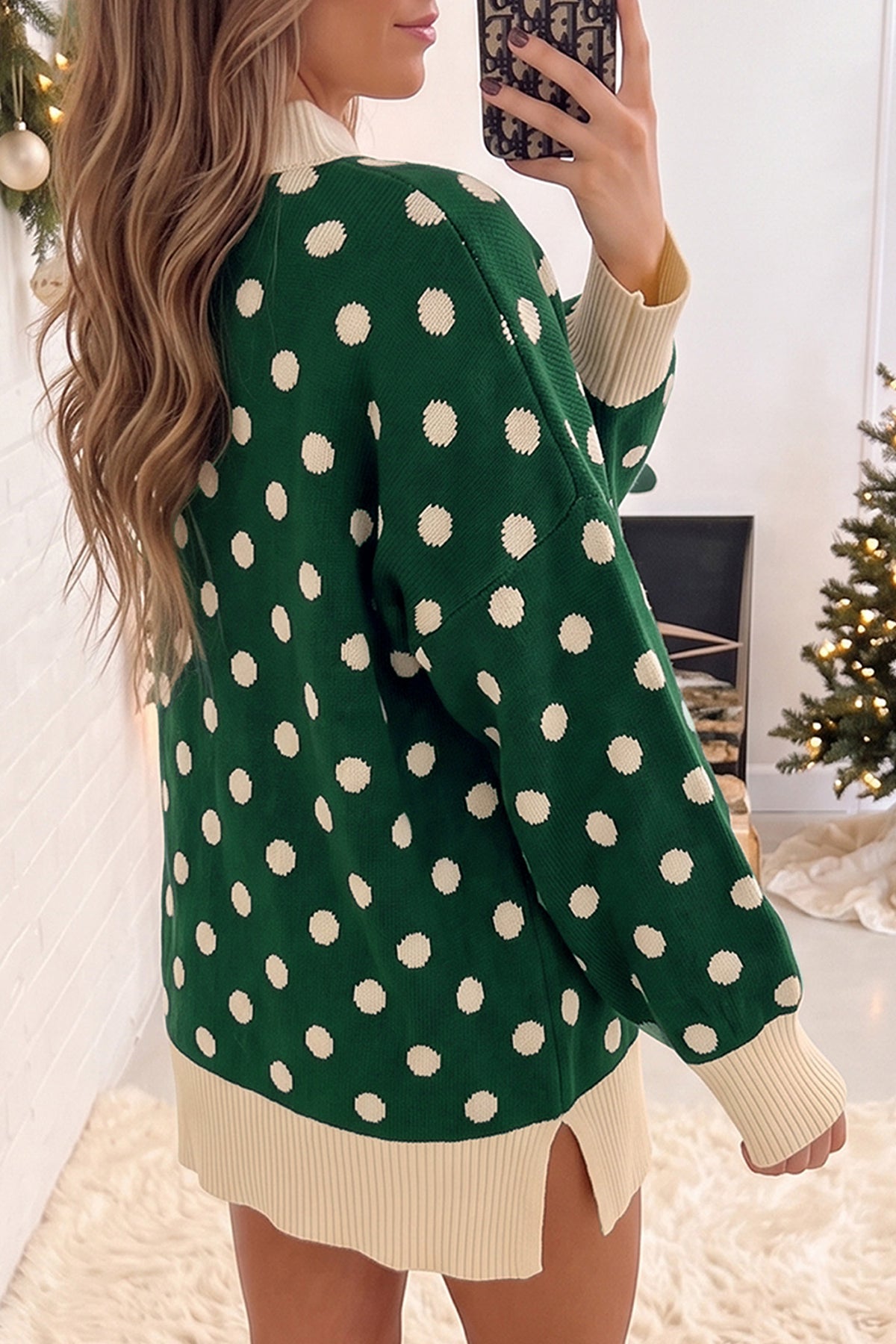 Black Polka Dot Pattern Ribbed Colorblock Trim Split Tunic Sweater