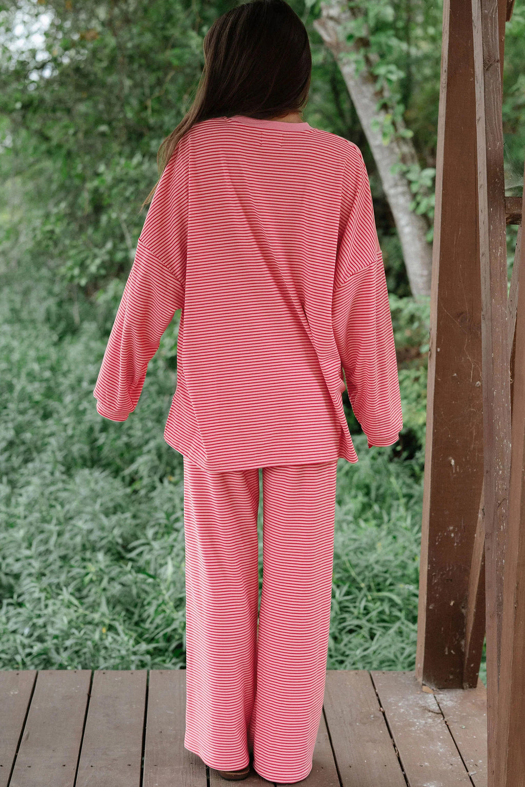 Brown Stripe Contrast Trim Round Neck Oversize Long Sleeve Top 2pcs Pant Set