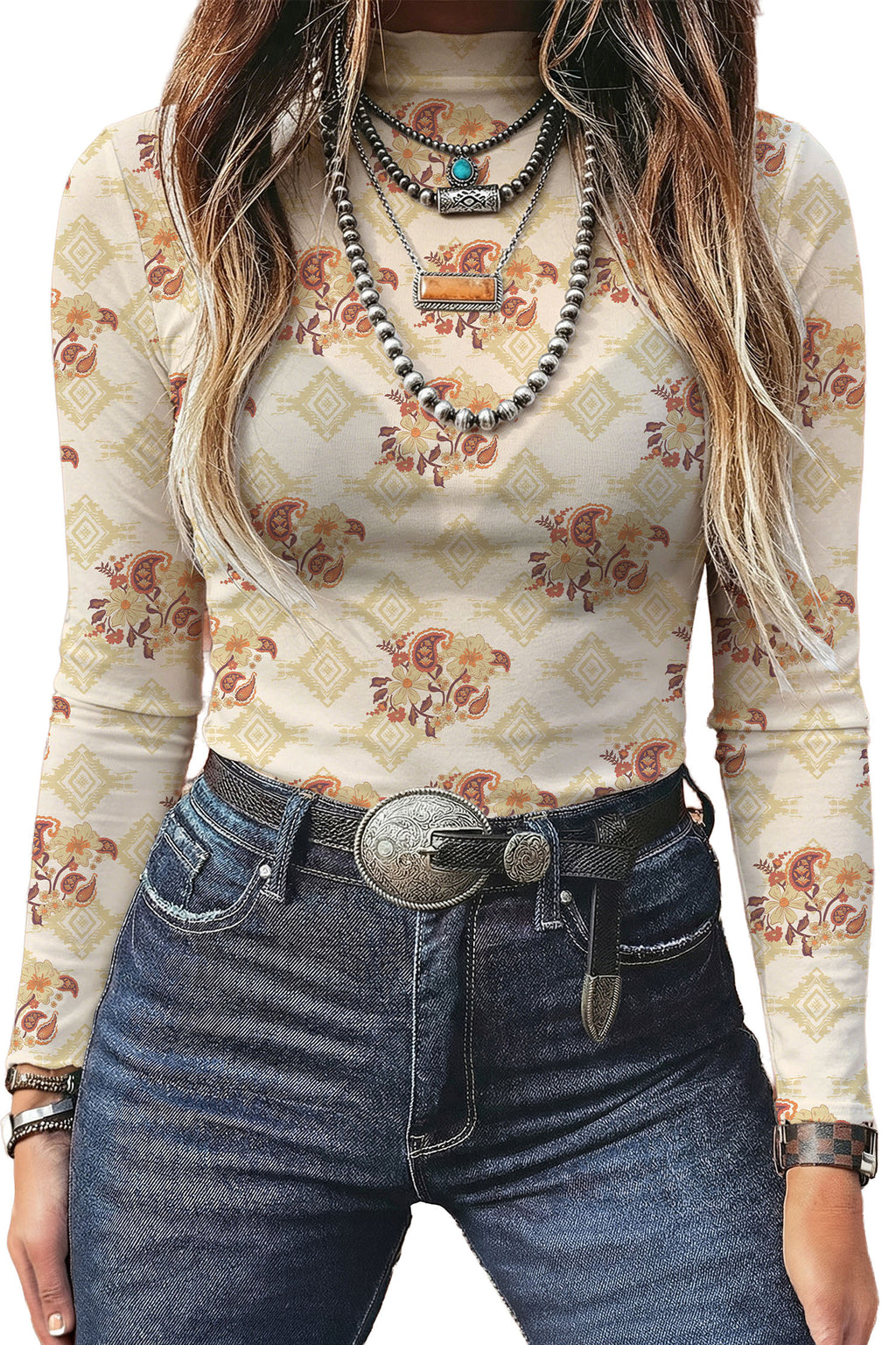 Oatmeal Western Print Slim Fit Mesh Long Sleeve Mock Neck Top