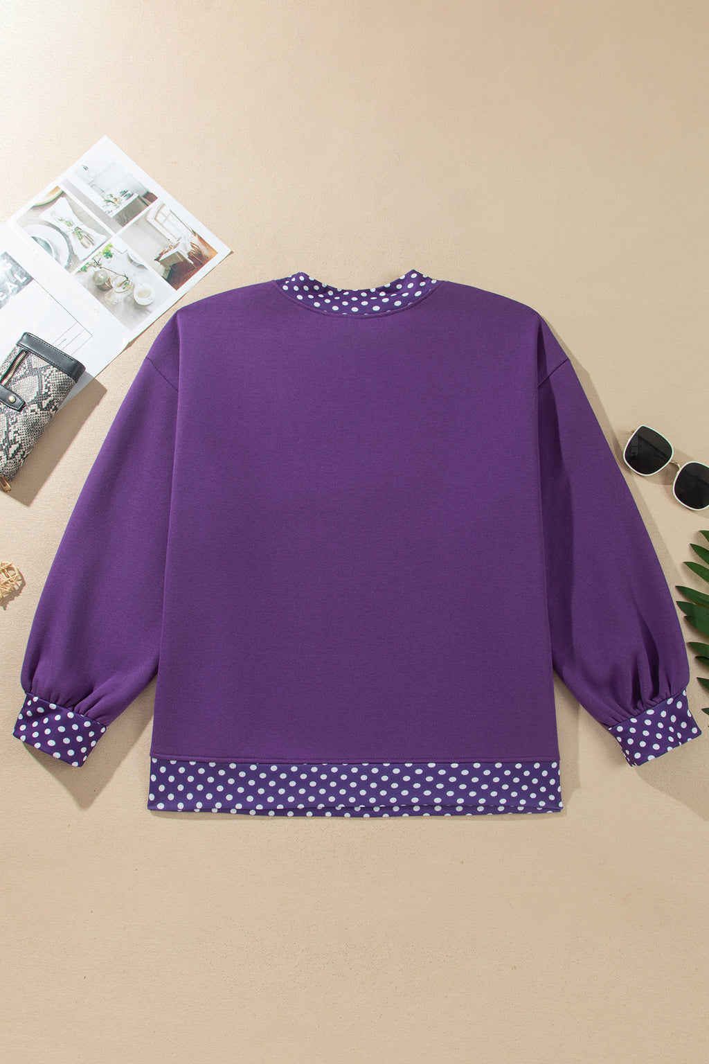 Brown Polka Dot Patchwork Round Neck Plus Size Sweatshirt