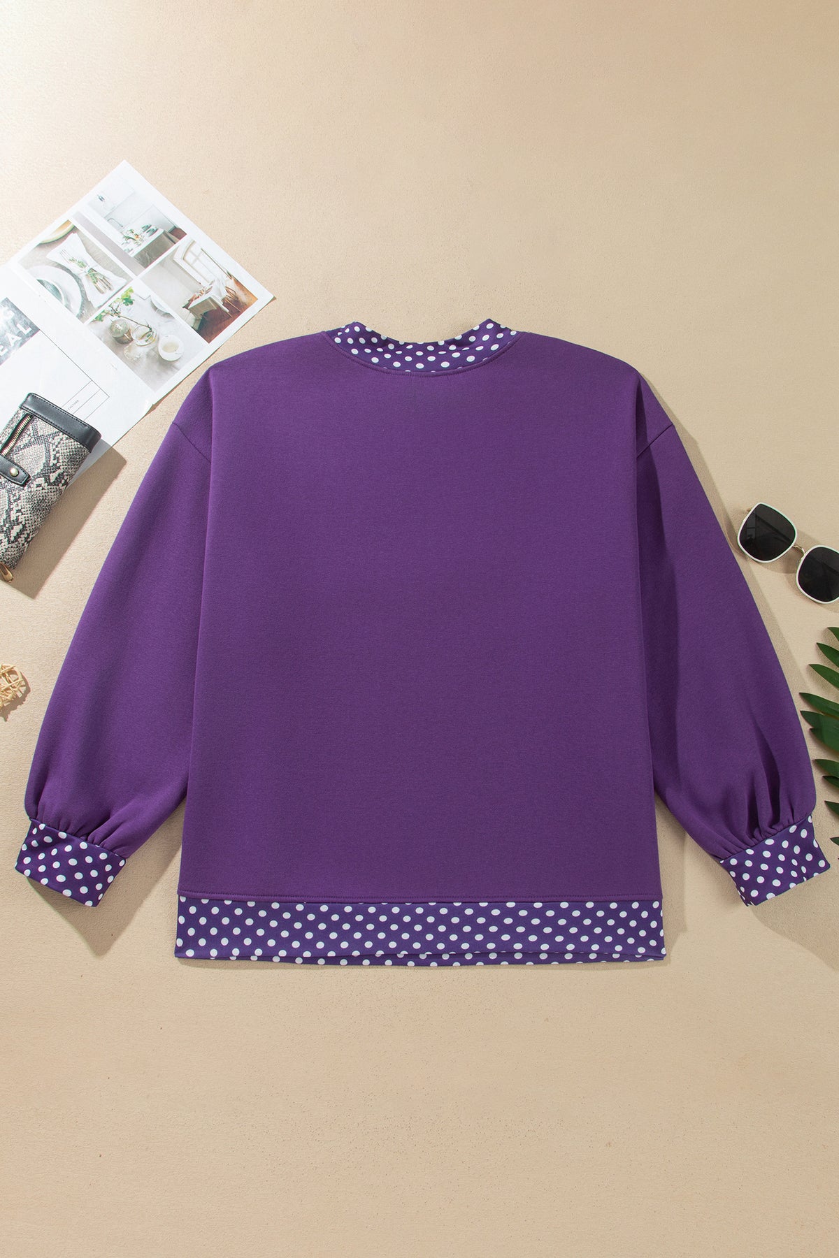 Brown Polka Dot Patchwork Round Neck Plus Size Sweatshirt