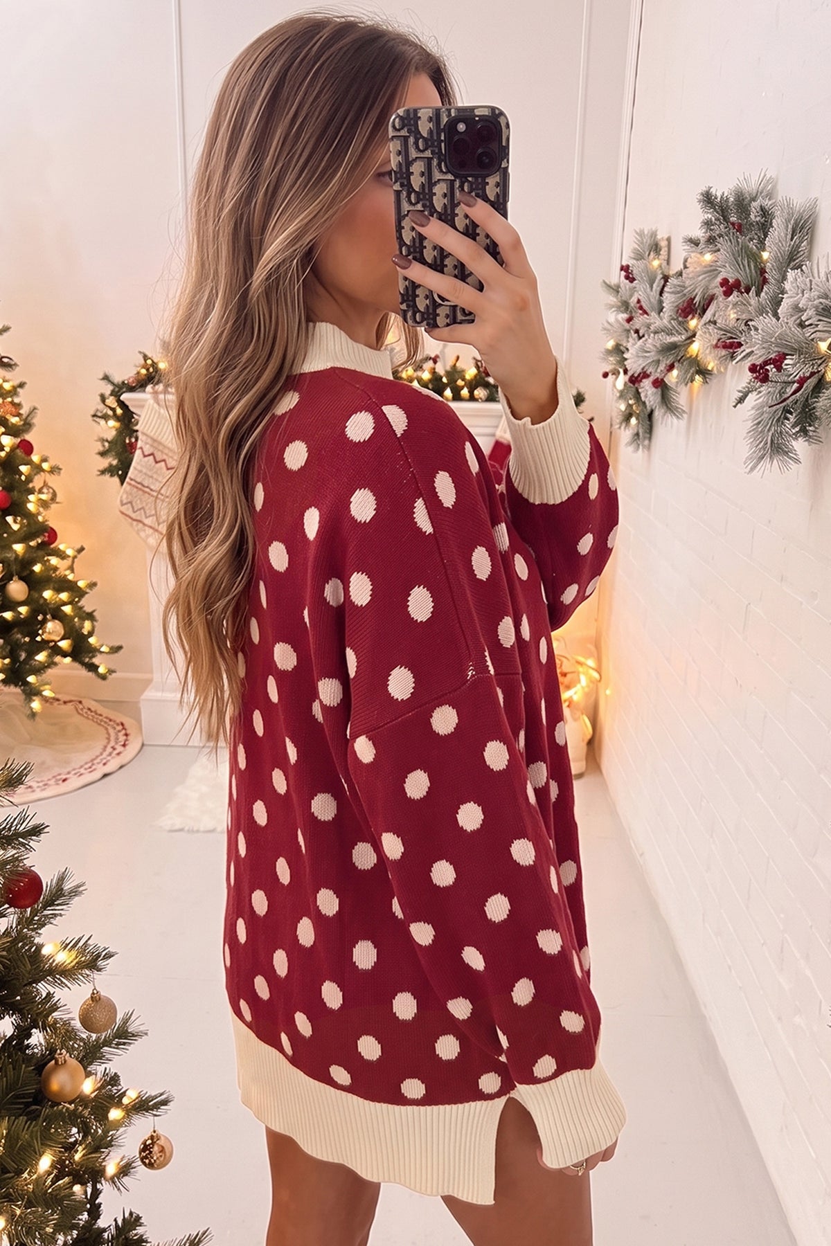 Black Polka Dot Pattern Ribbed Colorblock Trim Split Tunic Sweater