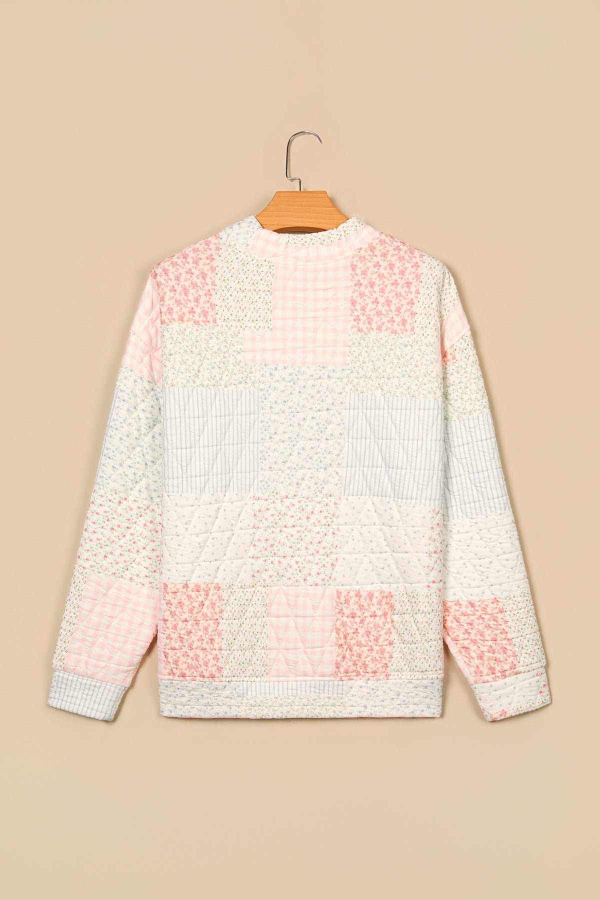 Multicolour Floral Patchwork Quilted Mock Neck Long Sleeve Top