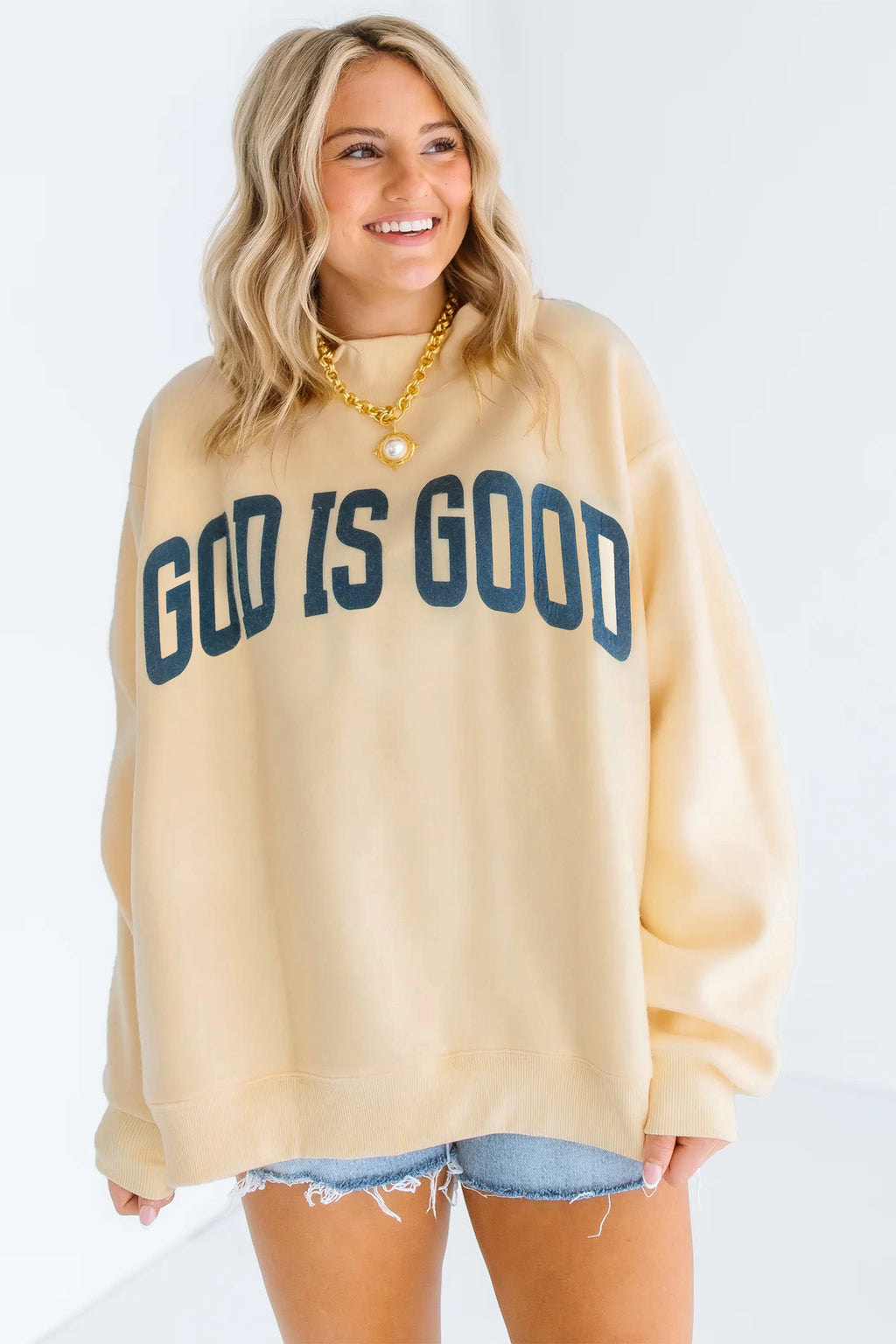 Yellow Jesus Slogan Stand Neck Long Sleeve Oversized Tunic Plus Size Sweatshirt