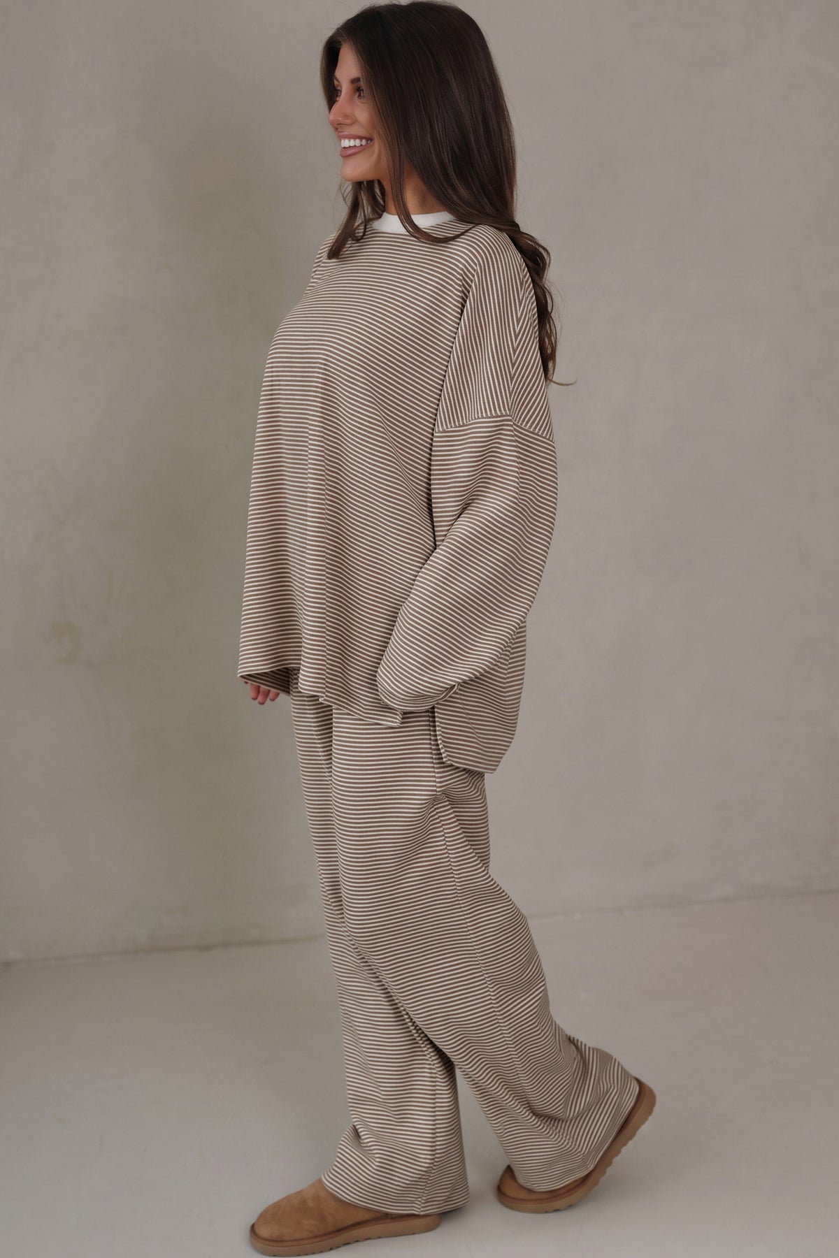 Brown Stripe Contrast Trim Round Neck Oversize Long Sleeve Top 2pcs Pant Set