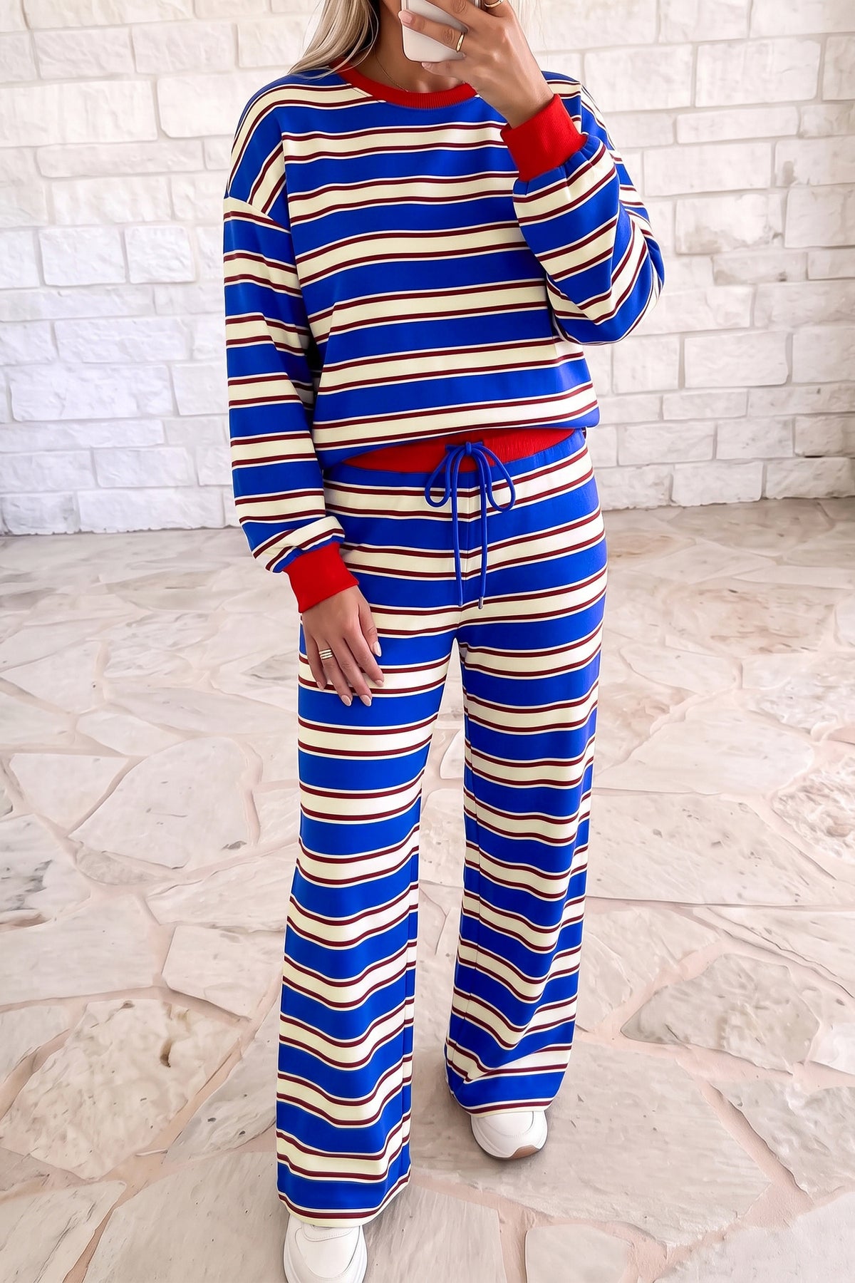 Khaki Stripe Contrast Trim Patchwork Casual Two-Piece Pants Set