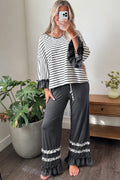 Gray Stripe V Neck Ruffle Contrast Sleeve Top Drawstring Pants 2pcs Set